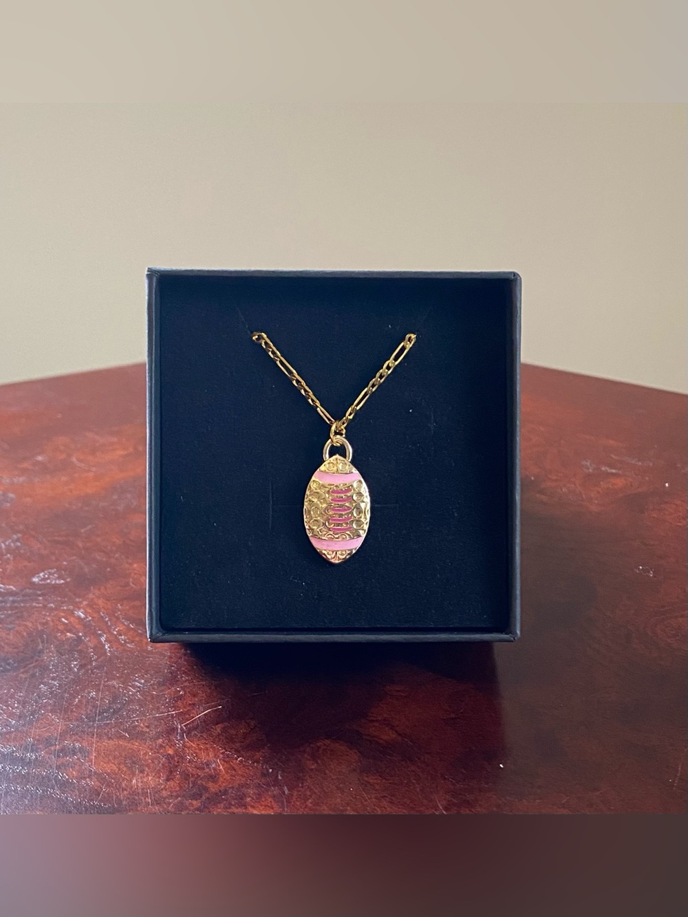 Coach Pink Enamel Football Pendant On Gold Tone Necklace